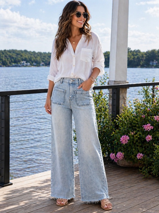Frye Denim - Frye High-Rise Wide Leg Jeans Size 27 Light Wash Raw Hem